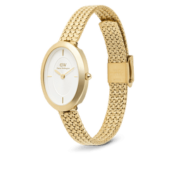 Juliette Braided Mesh White Sunray Gold watch featuring a slim oval gold-plated case, white sunray dial with gold indices, and a distinctive braided mesh strap with a fold-over clasp.