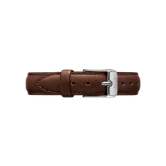 Bristol Strap Silver in dark brown leather with fine stitching and a sleek polished silver buckle, designed for Daniel Wellington watches and suitable for both men’s and women’s styles.