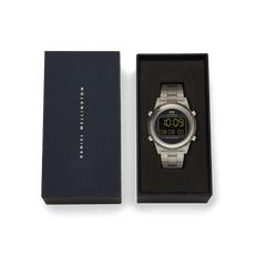 Daniel Wellington Retro Digital Light Grey watch with a transparent bio-based plastic strap, presented in an elegant branded gift box.