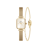 Gold Daniel Wellington Quadro Mini watch with a rectangular dial and mesh strap, paired with a delicate Lumine Unity gold bracelet featuring subtle detailing, both designed for a refined and elegant look.