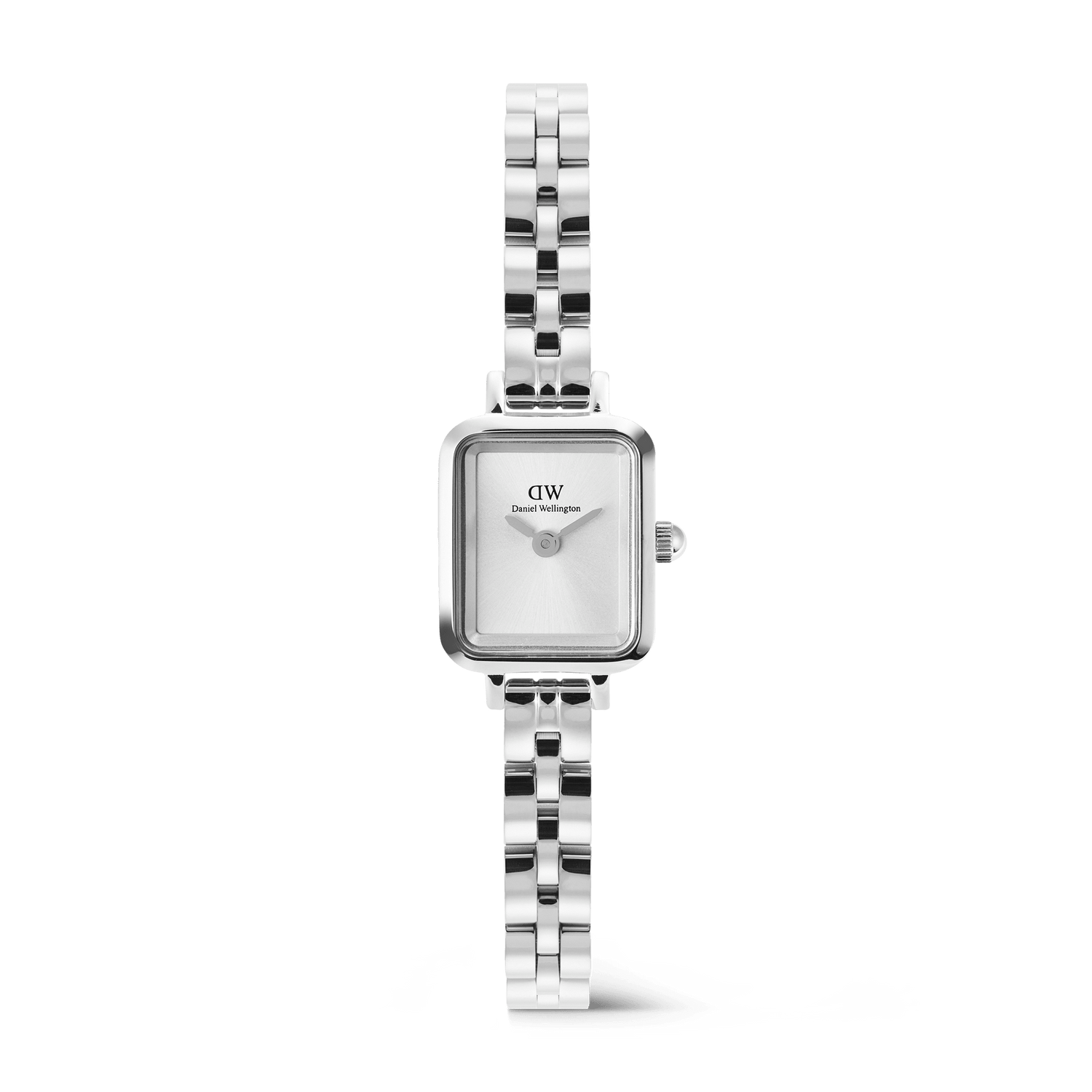Quadro Mini Arch 3-link White Sunray Silver watch featuring a petite rectangular sunray white dial, polished stainless steel case, and an elegant arched 3-link silver bracelet.
