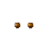 Rose gold stud earrings with tiger eye centre and white cubic zirconia halo, elegant and timeless jewellery design.