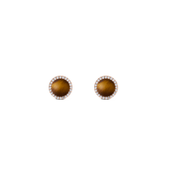 Rose gold stud earrings with tiger eye centre and white cubic zirconia halo, elegant and timeless jewellery design.