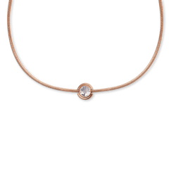 Rose gold necklace featuring a central March Charm with an aquamarine-coloured crystal set in polished rose gold PVD-plated stainless steel.