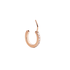Crystal Hoop Earring in rose gold with a row of sparkling cubic zirconia stones and a secure hinged closure, shown open to highlight its refined design.