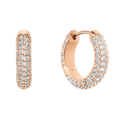 Pair of small rose gold hoop earrings featuring a pavé setting of closely arranged cubic zirconia crystals for a continuous, sparkling effect.