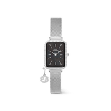Rectangular silver women’s watch with a black mother of pearl dial, crystal-set bezel, and an interchangeable mesh strap, featuring a zodiac-inspired crystal charm.