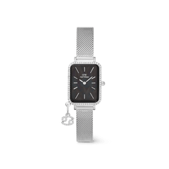 Rectangular silver women’s watch with a black mother of pearl dial, crystal-set bezel, and an interchangeable mesh strap, featuring a zodiac-inspired crystal charm.