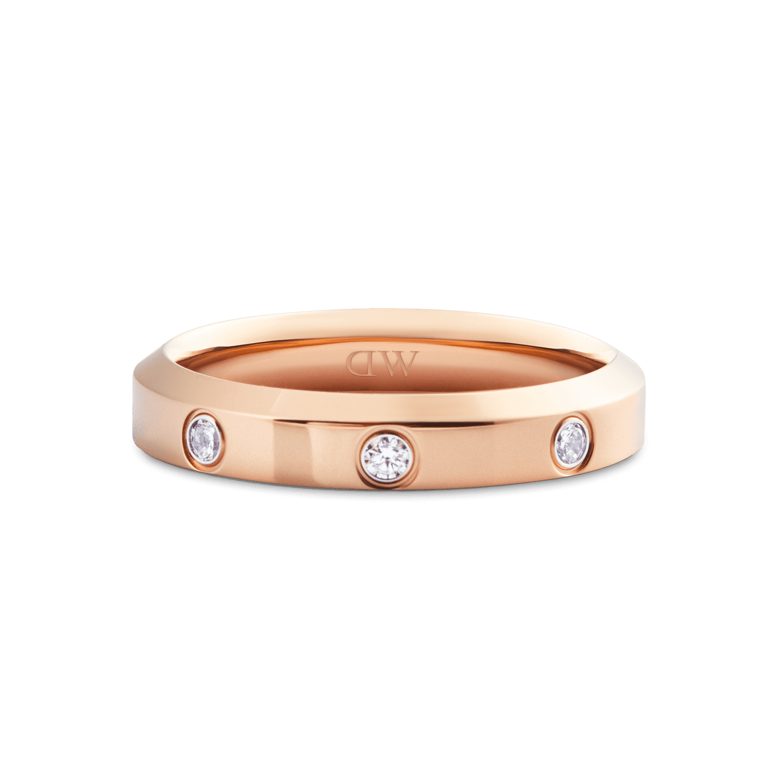Polished rose gold 4mm band featuring three round cubic zirconia crystals set evenly across the front, crafted in stainless steel for a refined, minimalist look.