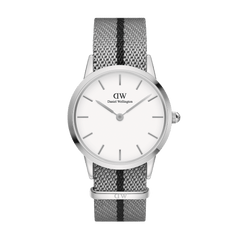 Daniel Wellington Iconic NATO Grey/Black watch with a 36mm eggshell white dial, minimalist silver markers, and a recycled grey nylon strap featuring a black central stripe.