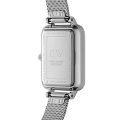 Back view of Quadro Roman Numerals Sterling watch showing stainless steel case, mesh strap, and engraved Daniel Wellington logo.