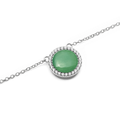 Close-up of Audrey Necklace Jade Silver featuring a domed green jade stone framed by white cubic zirconia on a silver chain.