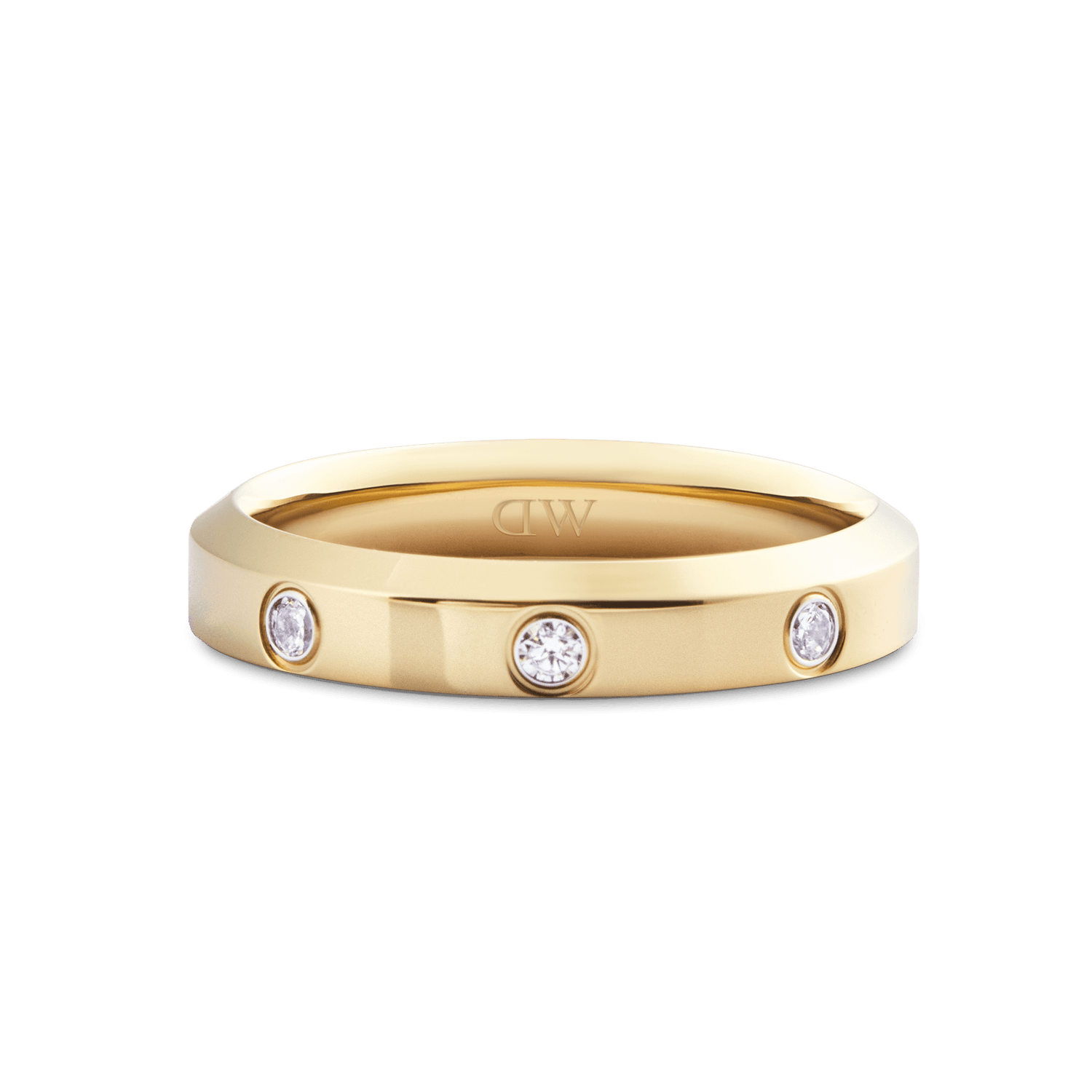 Classic Lumine Ring Gold 4 mm featuring a polished gold band with three evenly spaced cubic zirconia stones, crafted from stainless steel with PVD gold plating for a refined, minimalist finish.