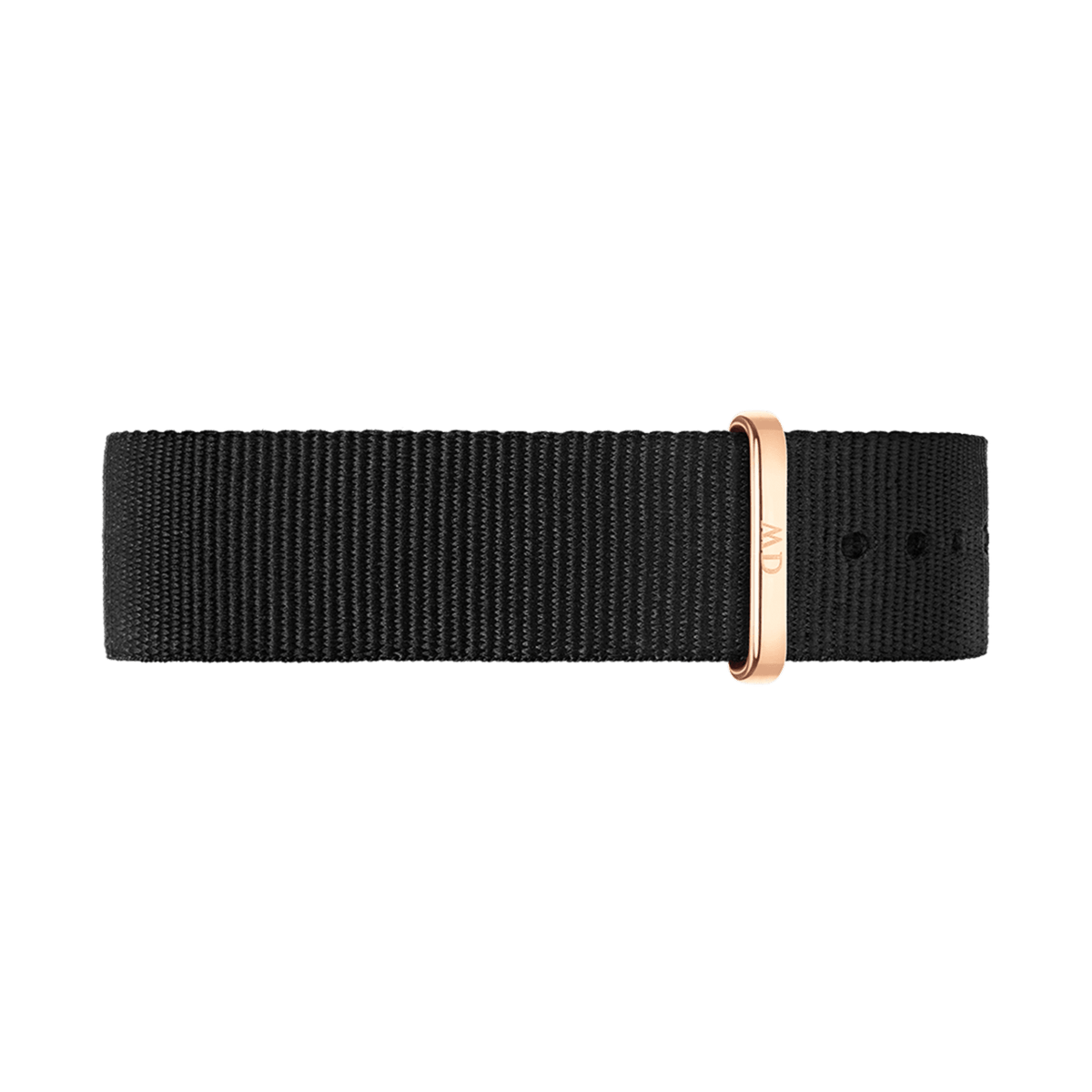 Black NATO watch strap made from durable polyester, featuring a rose gold buckle and loop for a refined, contemporary look suitable for Daniel Wellington watches.