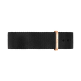Black NATO watch strap made from durable polyester, featuring a rose gold buckle and loop for a refined, contemporary look suitable for Daniel Wellington watches.