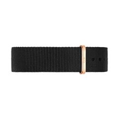 Black NATO watch strap made from durable polyester, featuring a rose gold buckle and loop for a refined, contemporary look suitable for Daniel Wellington watches.