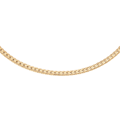 Flat gold chain necklace with a polished finish, featuring smooth, interlocking links in a minimalist design.