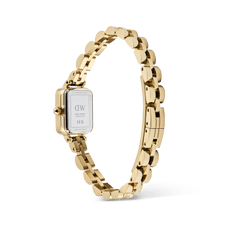 Rear view of the Quadro Mini Arch 3-link Emerald Sunray Gold watch, showing the polished gold-tone stainless steel bracelet, secure butterfly clasp, and engraved case back detailing.