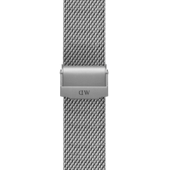Close-up of the silver sandblasted mesh smartwatch strap showing the engraved DW adjustable clasp and fine stainless steel weave.