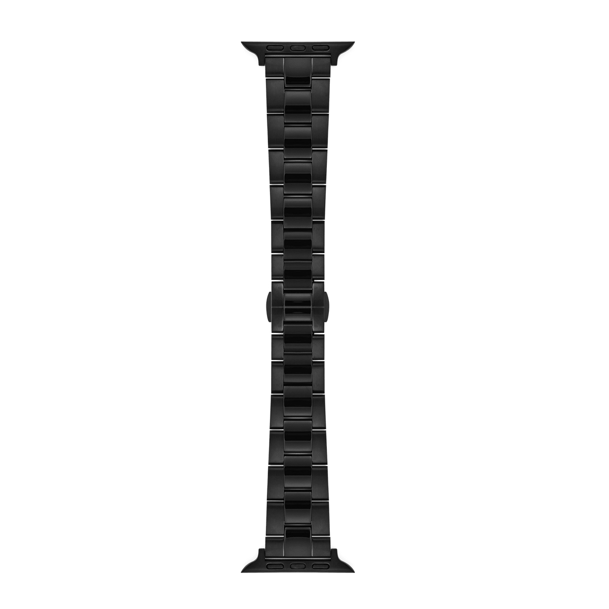 Black stainless steel Smartwatch Iconic Link Onyx strap for Apple Watch, featuring a brushed and polished link design with a butterfly clasp and tapered silhouette.