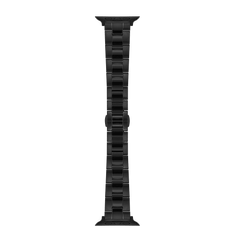 Black stainless steel Smartwatch Iconic Link Onyx strap for Apple Watch, featuring a brushed and polished link design with a butterfly clasp and tapered silhouette.