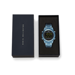Retro Digital Light Blue watch with a transparent blue strap and black digital display, elegantly presented in a Daniel Wellington gift box.