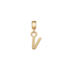 Polished gold letter “V” charm with a minimalist design, crafted from stainless steel and PVD gold plating, featuring an adjustable clasp for easy personalisation of bracelets or necklaces.