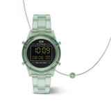 Retro Digital & Light Green Sterling Silver Necklace Charm set featuring a translucent mint green digital watch with a clear round case and matching sterling silver necklace, finished with a delicate green gemstone charm. The set combines modern digital style with elegant jewellery, perfect for gifting or everyday wear.