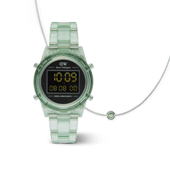 Retro Digital & Light Green Sterling Silver Necklace Charm set featuring a translucent mint green digital watch with a clear round case and matching sterling silver necklace, finished with a delicate green gemstone charm. The set combines modern digital style with elegant jewellery, perfect for gifting or everyday wear.