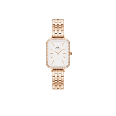 Rose gold women’s watch with a rectangular white dial, minimalist hour markers, and a bezel set with sparkling stones, finished with a polished 5-link bracelet.