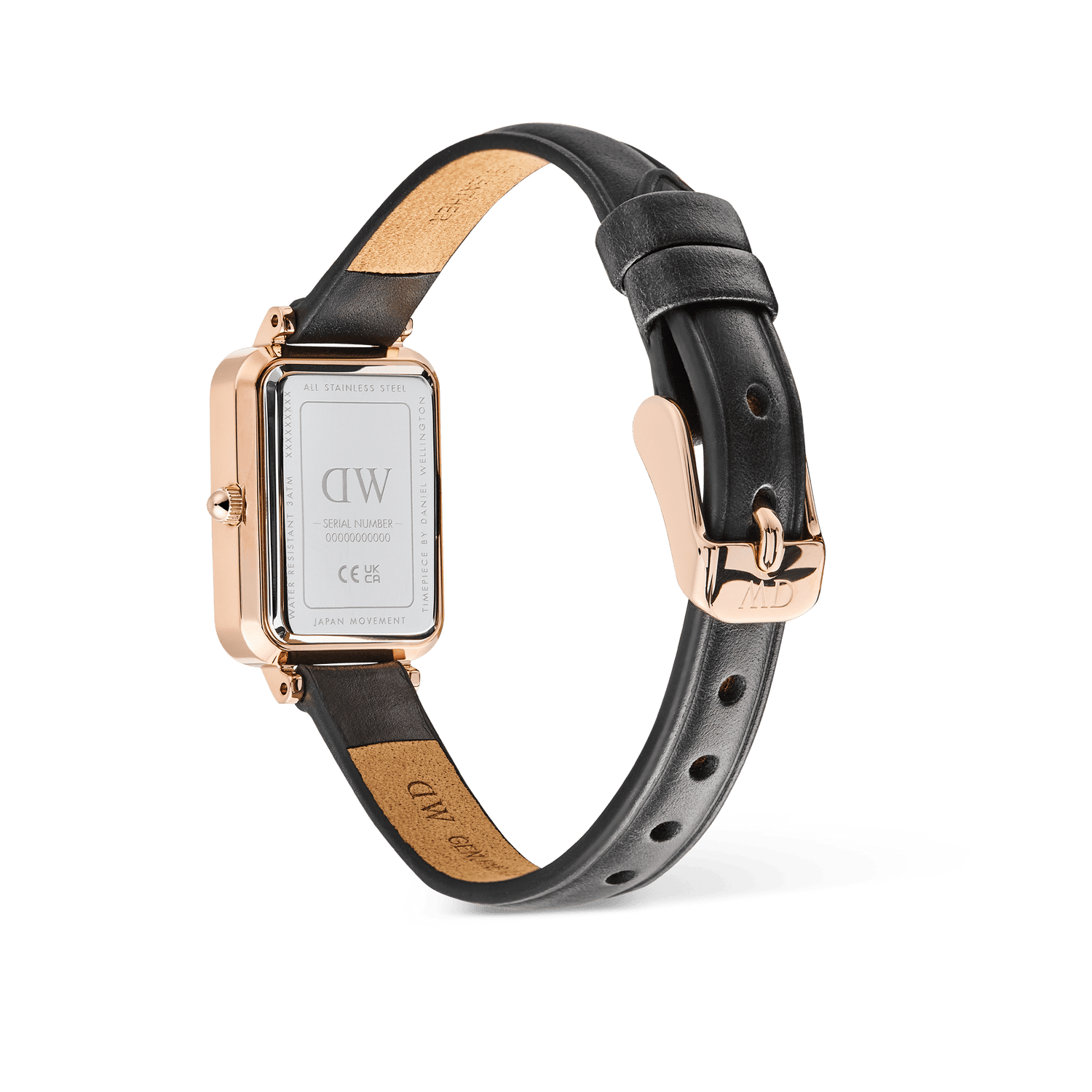 Rear view of the Quadro Roman Numerals Date Sheffield Rose Gold watch, highlighting the engraved stainless steel case back, black leather strap, and rose gold pin buckle.