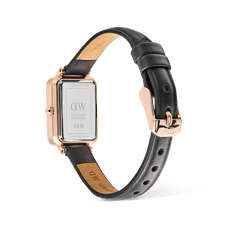 Rear view of the Quadro Roman Numerals Date Sheffield Rose Gold watch, highlighting the engraved stainless steel case back, black leather strap, and rose gold pin buckle.