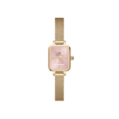 Rectangular gold women’s watch with a blush pink sunray dial, minimalist index markers, and a refined gold mesh strap, designed for a petite fit and elegant everyday style.