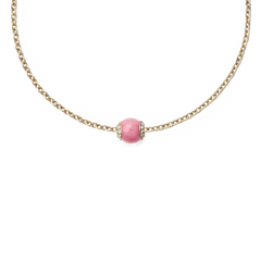 Gold chain necklace featuring a Rhodonite Crystal Orb Gold Charm with a polished pink semi-precious stone and sparkling crystal accents on each side.