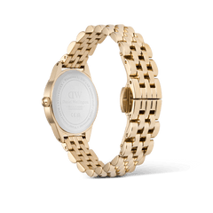 Ophelia Mini Gold watch rear view showing engraved caseback, gold five-link bracelet, and butterfly clasp for women.