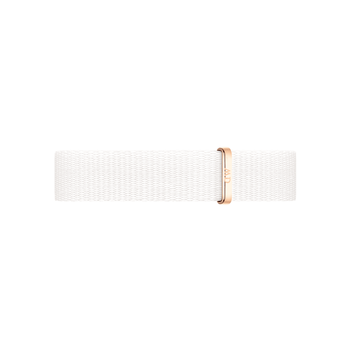 Crisp white nato watch strap in durable polyester with an elegant rose gold buckle, designed for Daniel Wellington watches and suitable for both men and women.