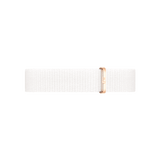 Crisp white nato watch strap in durable polyester with an elegant rose gold buckle, designed for Daniel Wellington watches and suitable for both men and women.