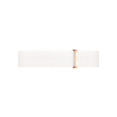 Crisp white nato watch strap in durable polyester with an elegant rose gold buckle, designed for Daniel Wellington watches and suitable for both men and women.