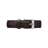 Deep brown crocodile-embossed leather watch strap with silver buckle, perfect for 32mm Daniel Wellington timepieces.