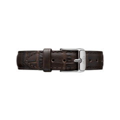 Deep brown crocodile-embossed leather watch strap with silver buckle, perfect for 32mm Daniel Wellington timepieces.