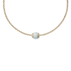 Gold chain necklace featuring the Amazonite Crystal Orb Gold Charm, showcasing a smooth blue-green amazonite stone with sparkling crystal accents for a refined and elegant finish.