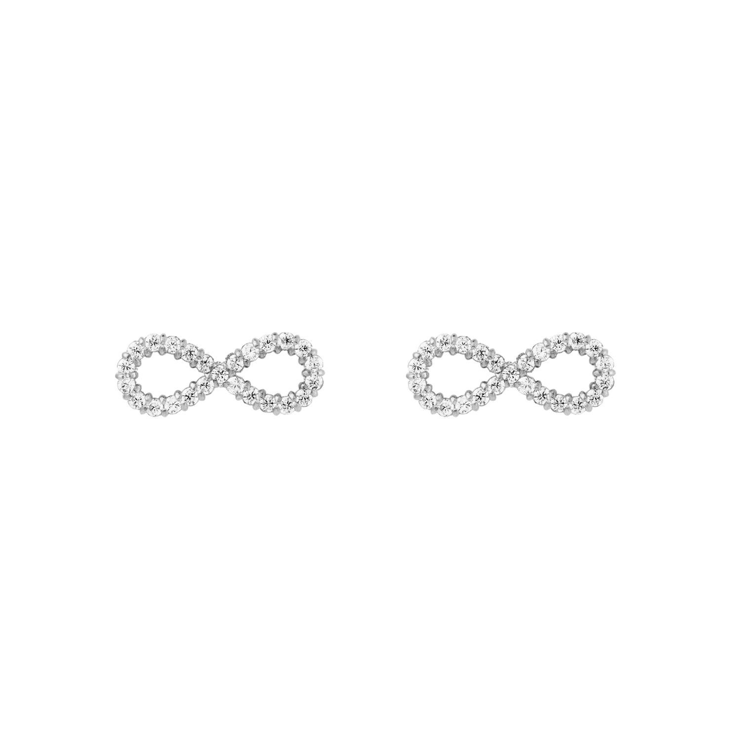 Pair of Mirelle Infinity Earring Silver studs, each shaped as a delicate infinity symbol and set with sparkling white cubic zirconia crystals on polished silver stainless steel.