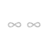 Pair of Mirelle Infinity Earring Silver studs, each shaped as a delicate infinity symbol and set with sparkling white cubic zirconia crystals on polished silver stainless steel.
