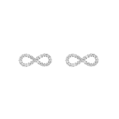Pair of Mirelle Infinity Earring Silver studs, each shaped as a delicate infinity symbol and set with sparkling white cubic zirconia crystals on polished silver stainless steel.