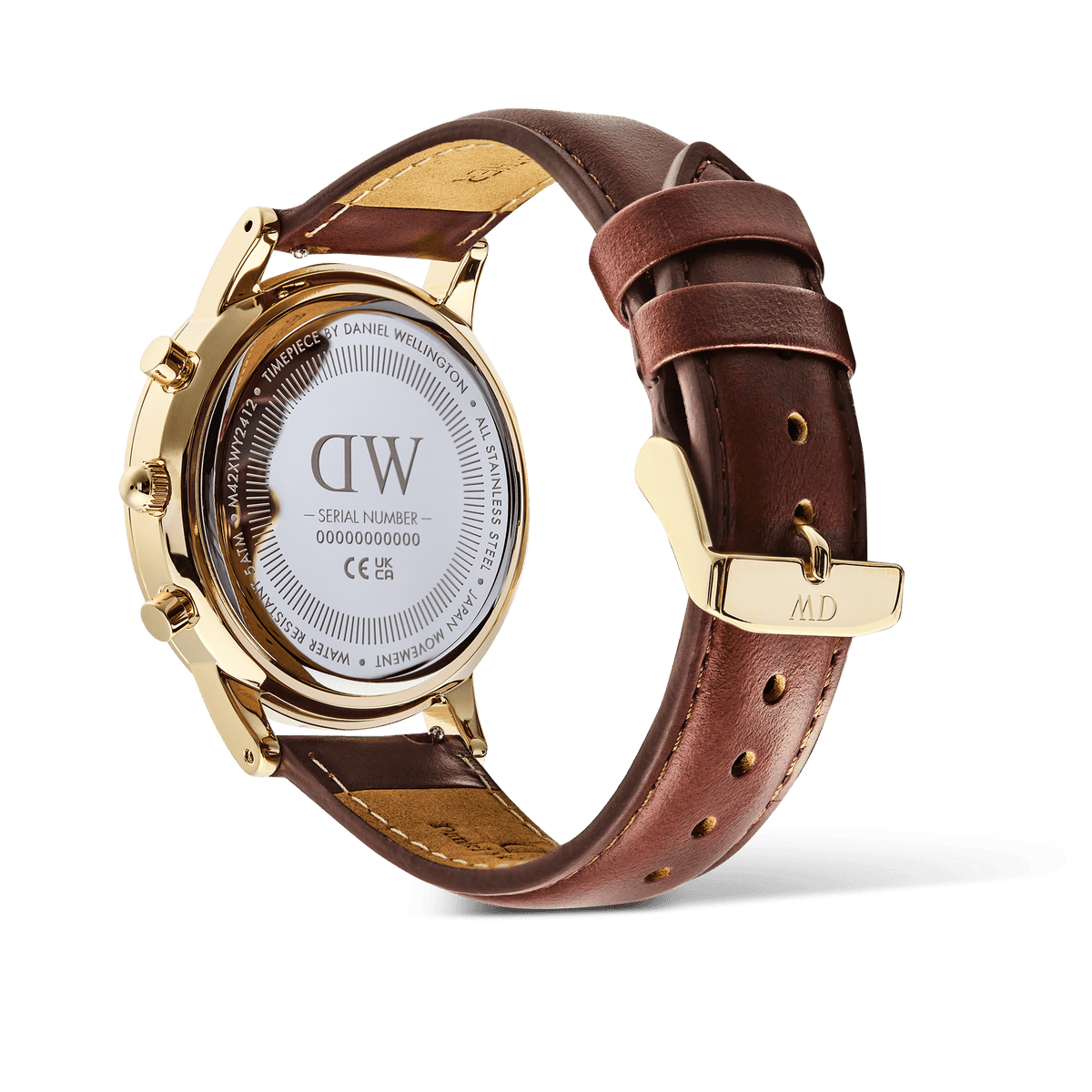 Rear view of the Iconic Chronograph St Mawes Emerald Panda Gold watch, highlighting the engraved stainless steel case back, gold buckle, and genuine brown leather strap.