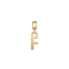 Gold letter F charm with a refined, minimalist design and polished finish, featuring an adjustable clasp for effortless personalisation of bracelets or necklaces.