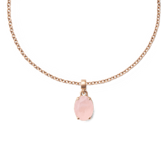 Rose gold necklace with an oval rose quartz charm, delicate chain and blush pink gemstone pendant for elegant styling.