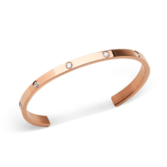 Classic Lumine Bracelet Rose Gold 55mm featuring a sleek open bangle design in polished rose gold stainless steel, set with eight sparkling cubic zirconia crystals for a refined, minimalist look.