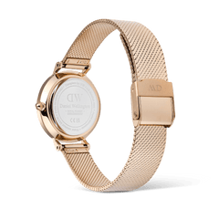 Back view of the Petite Reflection Rose Gold women’s watch, showing the engraved caseback and adjustable rose gold mesh strap with a secure clasp.