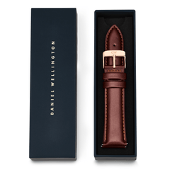 Tapered St Mawes Strap Rose Gold presented in a navy Daniel Wellington gift box, showcasing the brown genuine leather strap with rose gold pin buckle and fine stitching, ready for gifting or upgrading your watch.